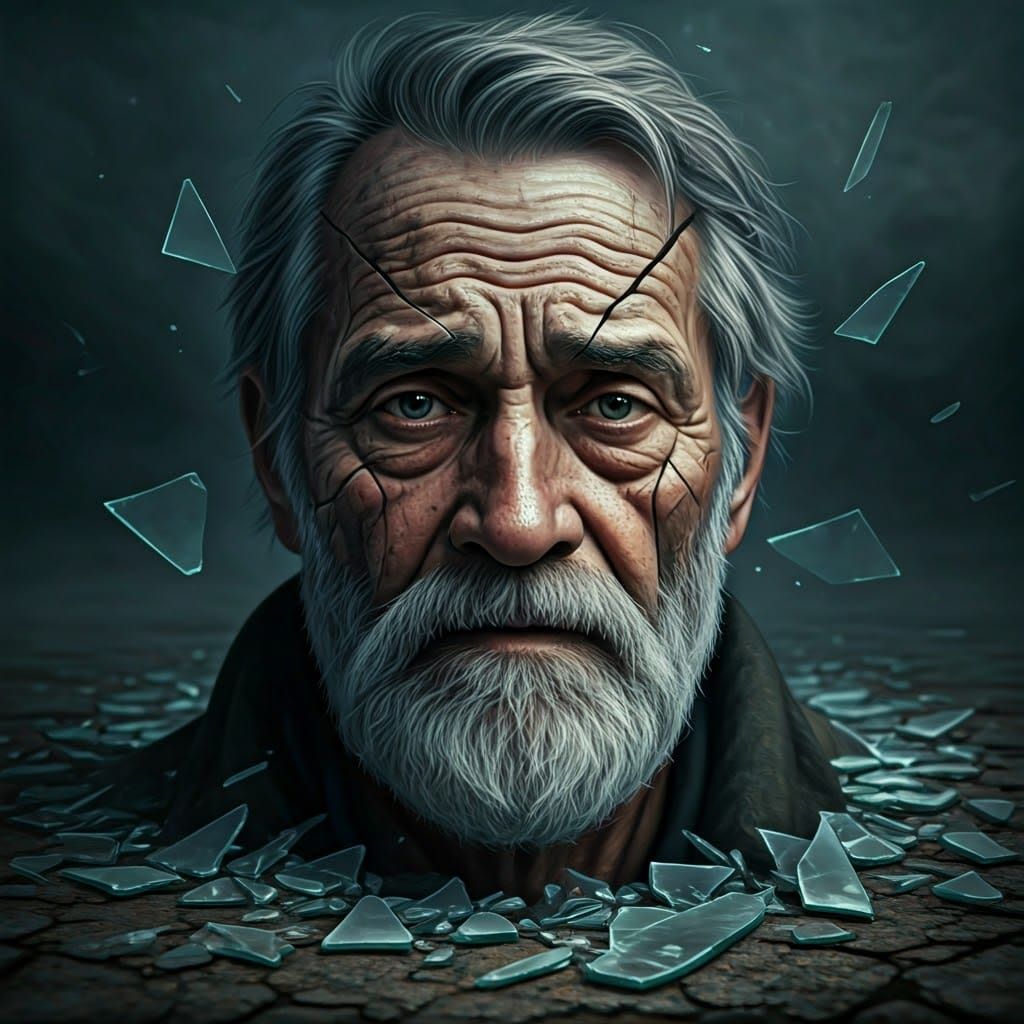Sorrowful Face Reflected in Broken Glass