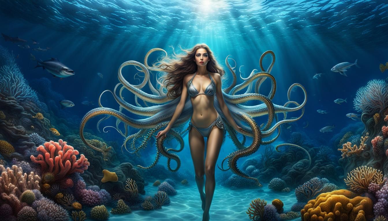Kraken Girl Swimming Underwater with Corals