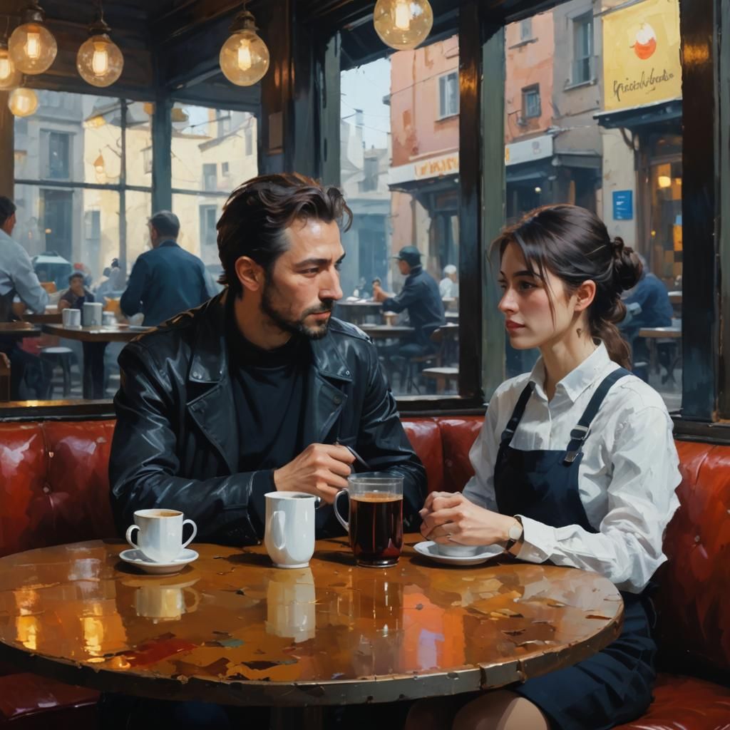 Friends Chatting in Cafe: Minimalist Impasto Art