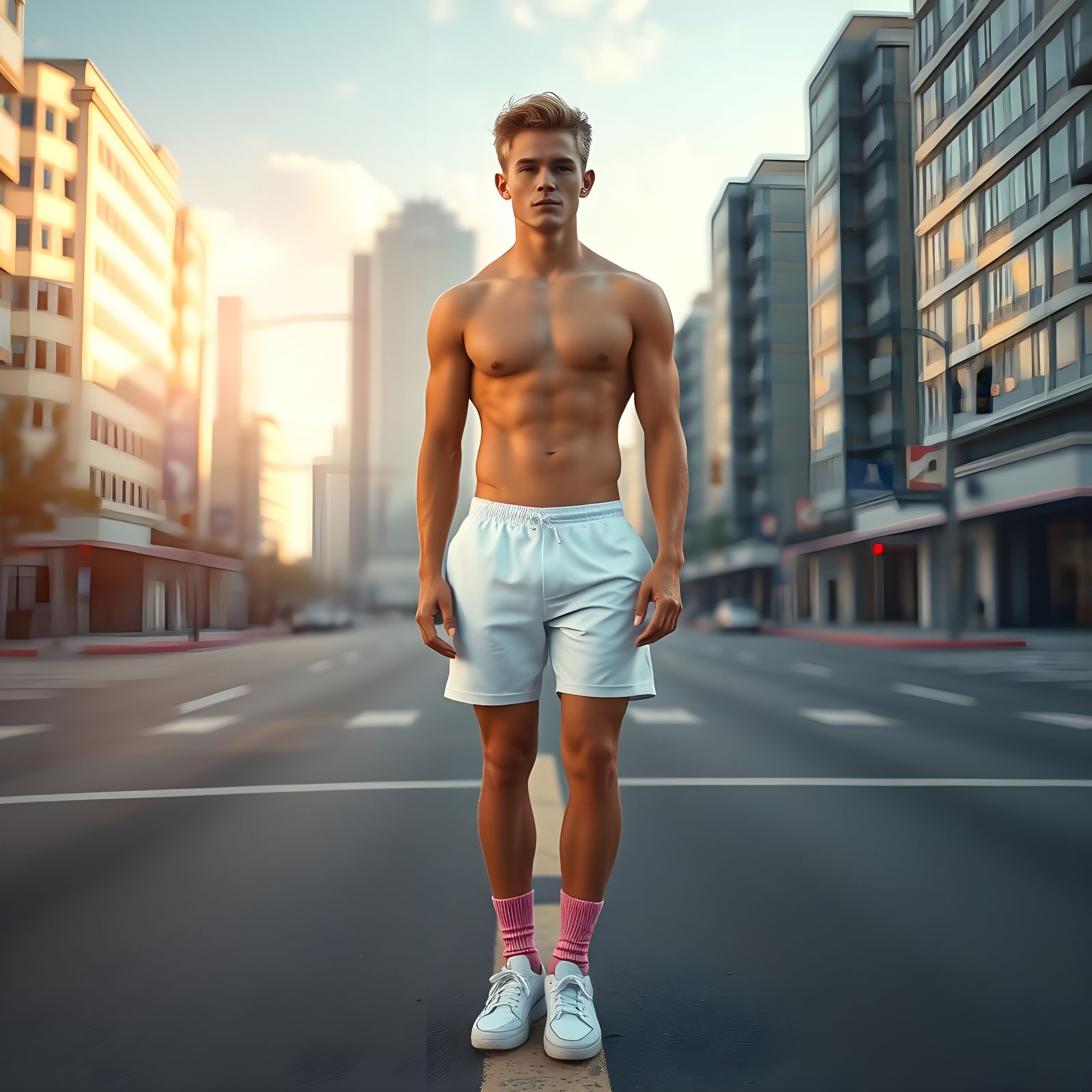 Blond Man at Crossing in Beautiful Morning Light