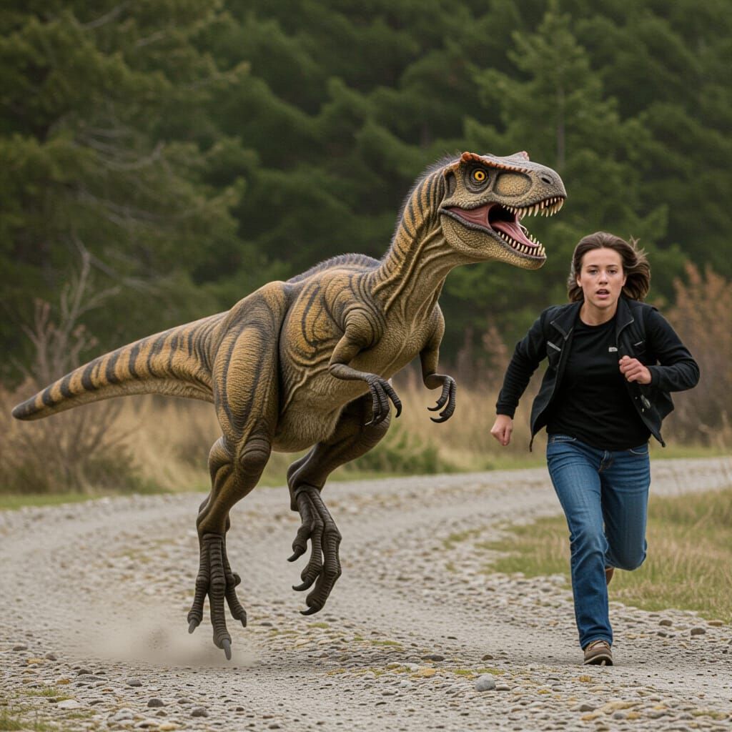 Velociraptor Chasing Frightened Human: Photorealistic