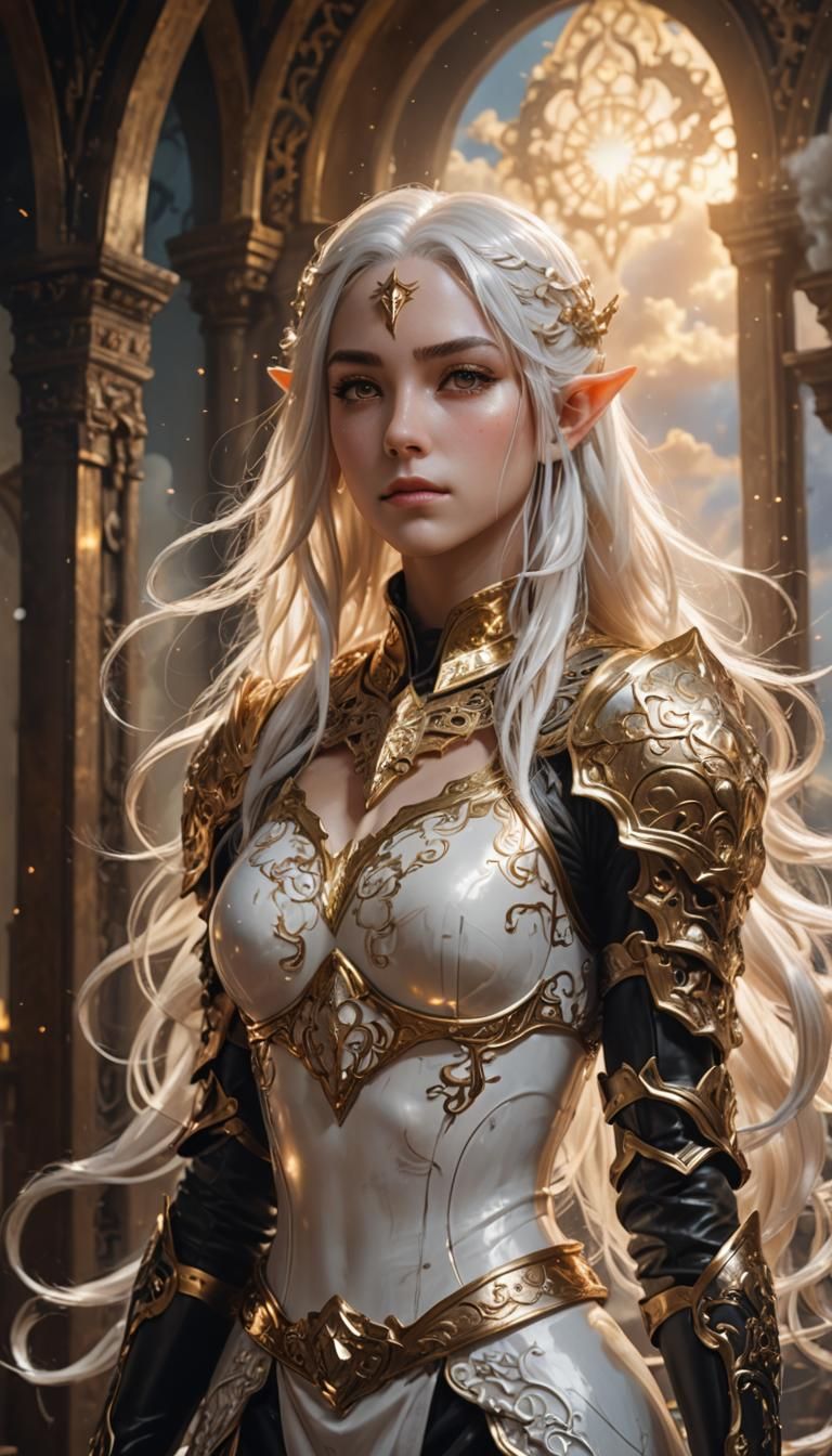 Anime Half-Elf in Golden Armor with Cloud Designs