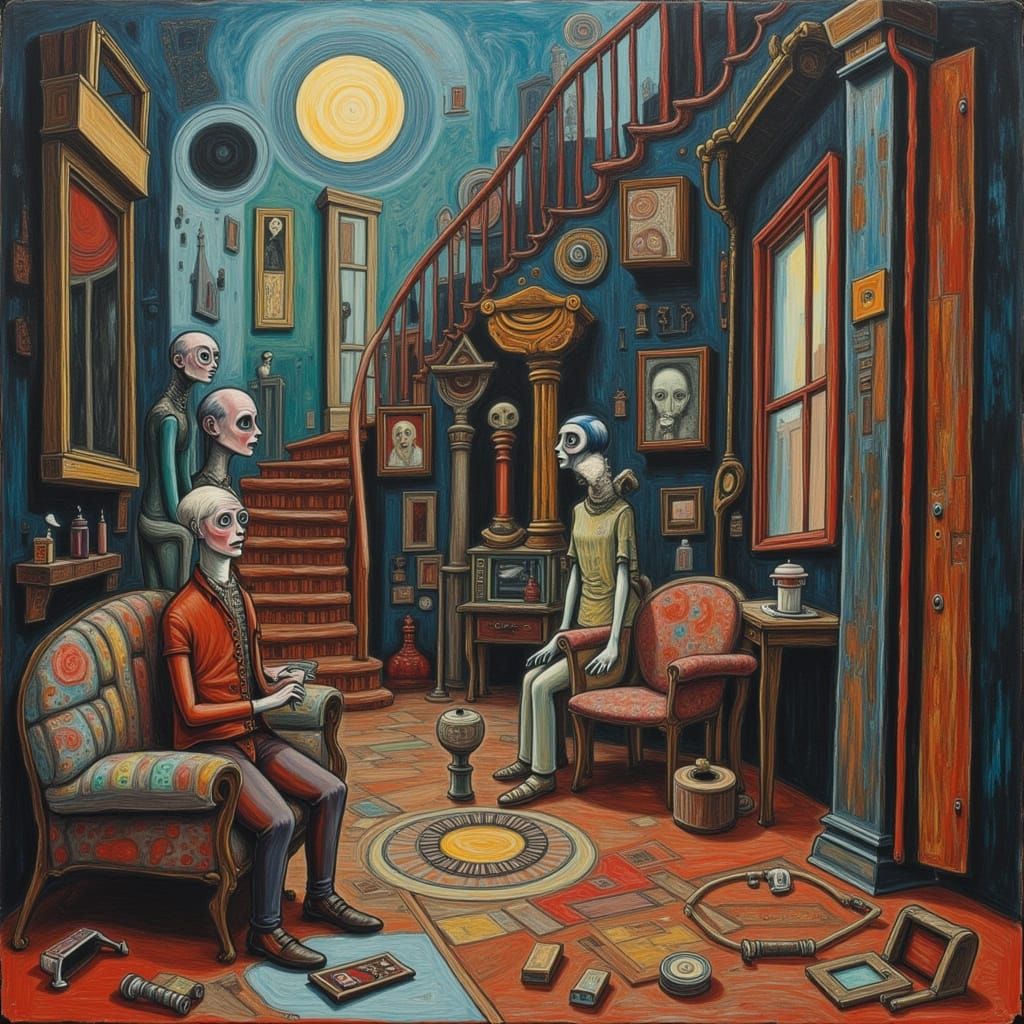 Escher Style Surreal Creatures Party in Vintage Home