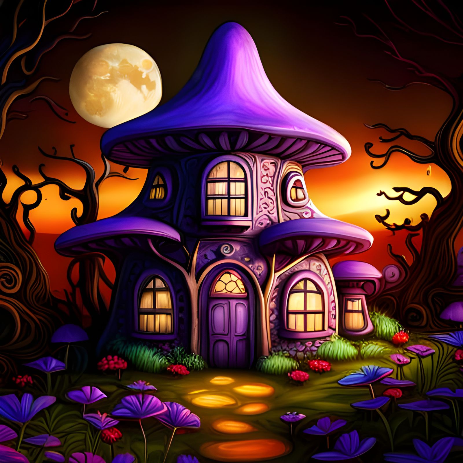 Enchanted Purple Mushroom House in Moonlight