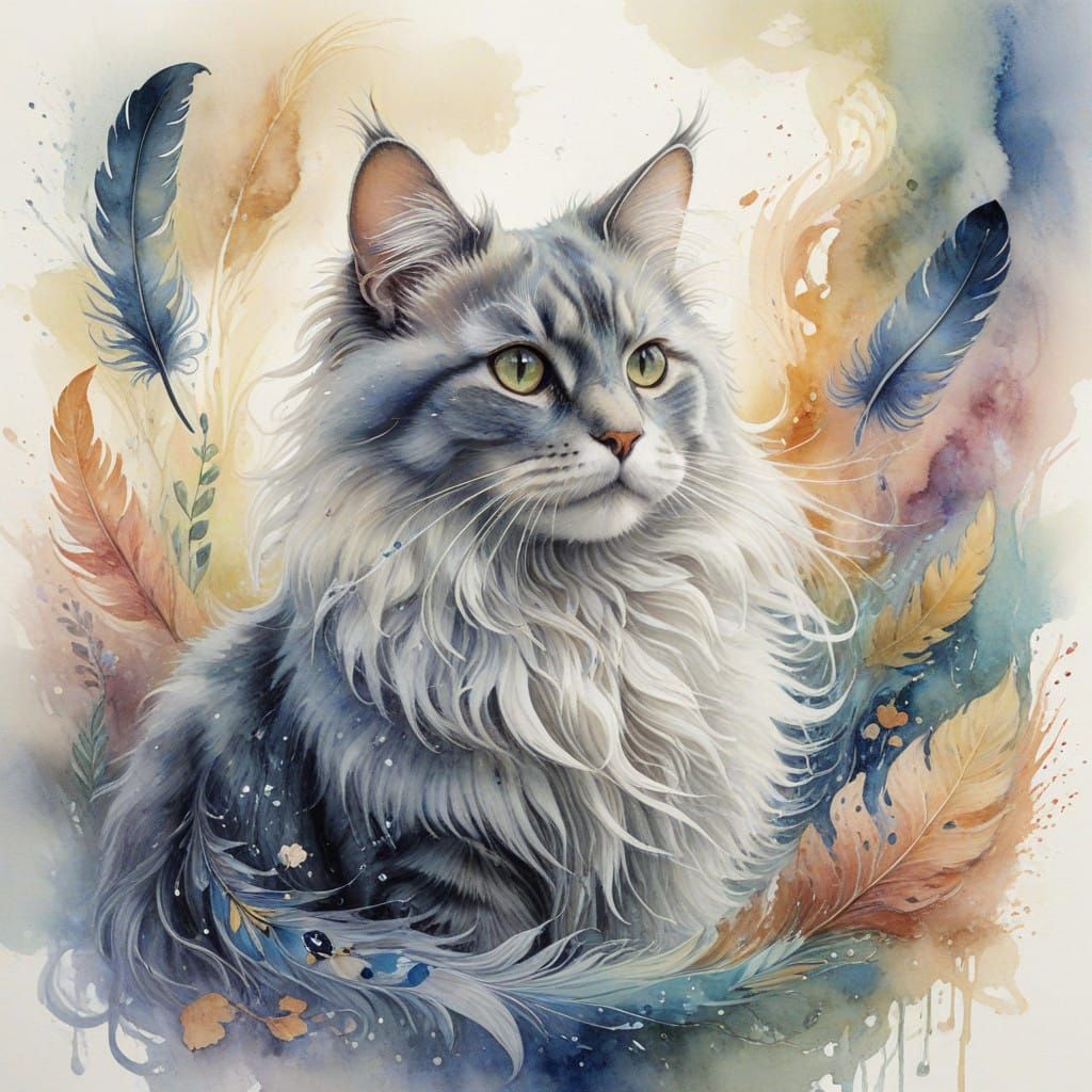 Enchanted Whimsical Longhaired Cat in Dreamy Watercolor