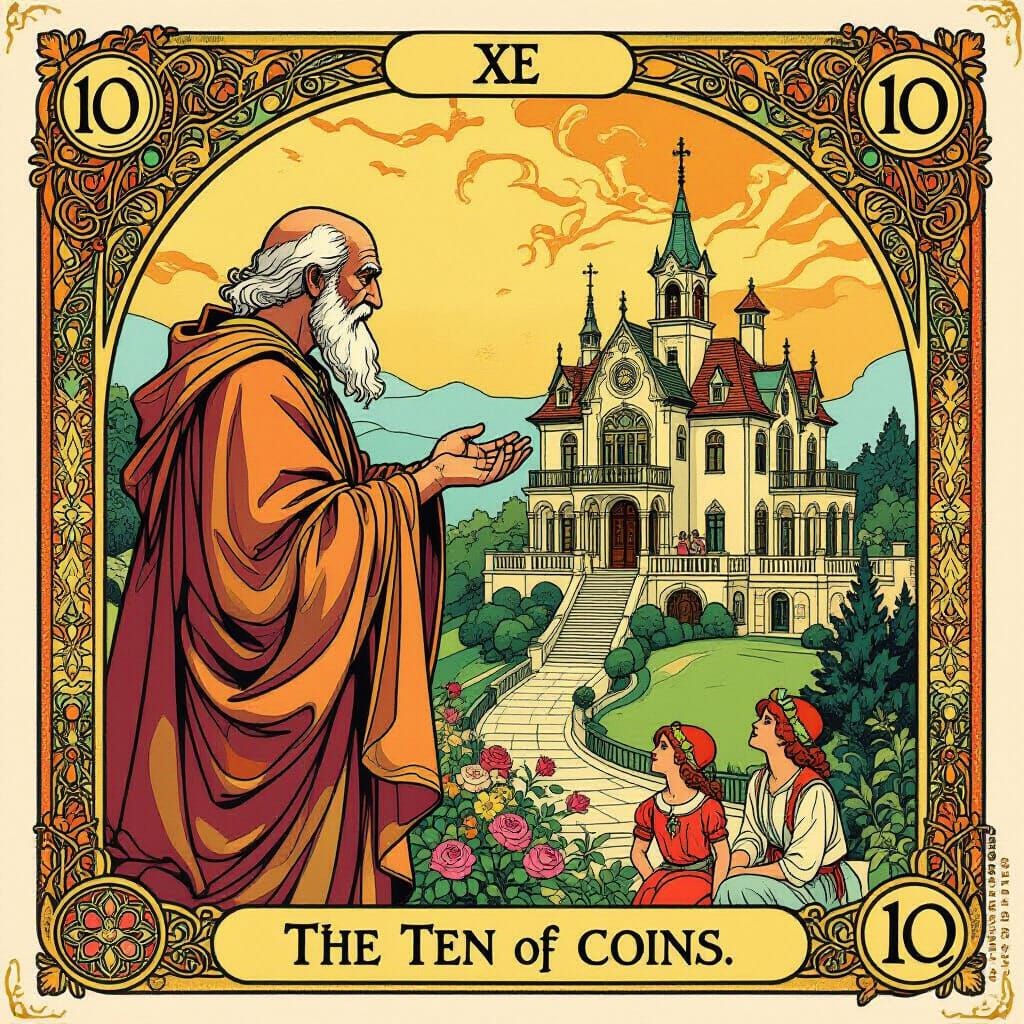 Ten of Coins Tarot Card in Art Nouveau Style