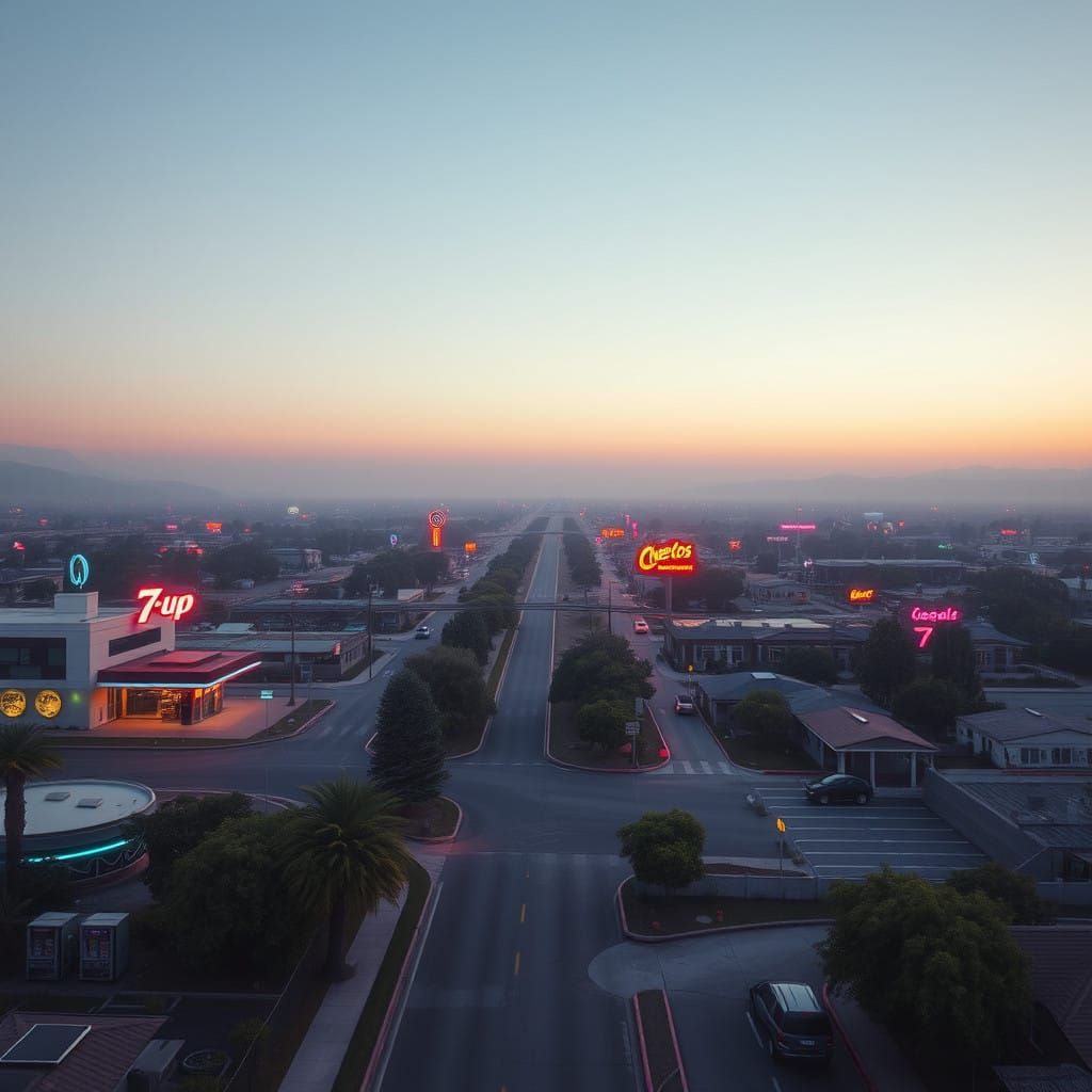 Retro-Futuristic Liminal Townscape at Sunset