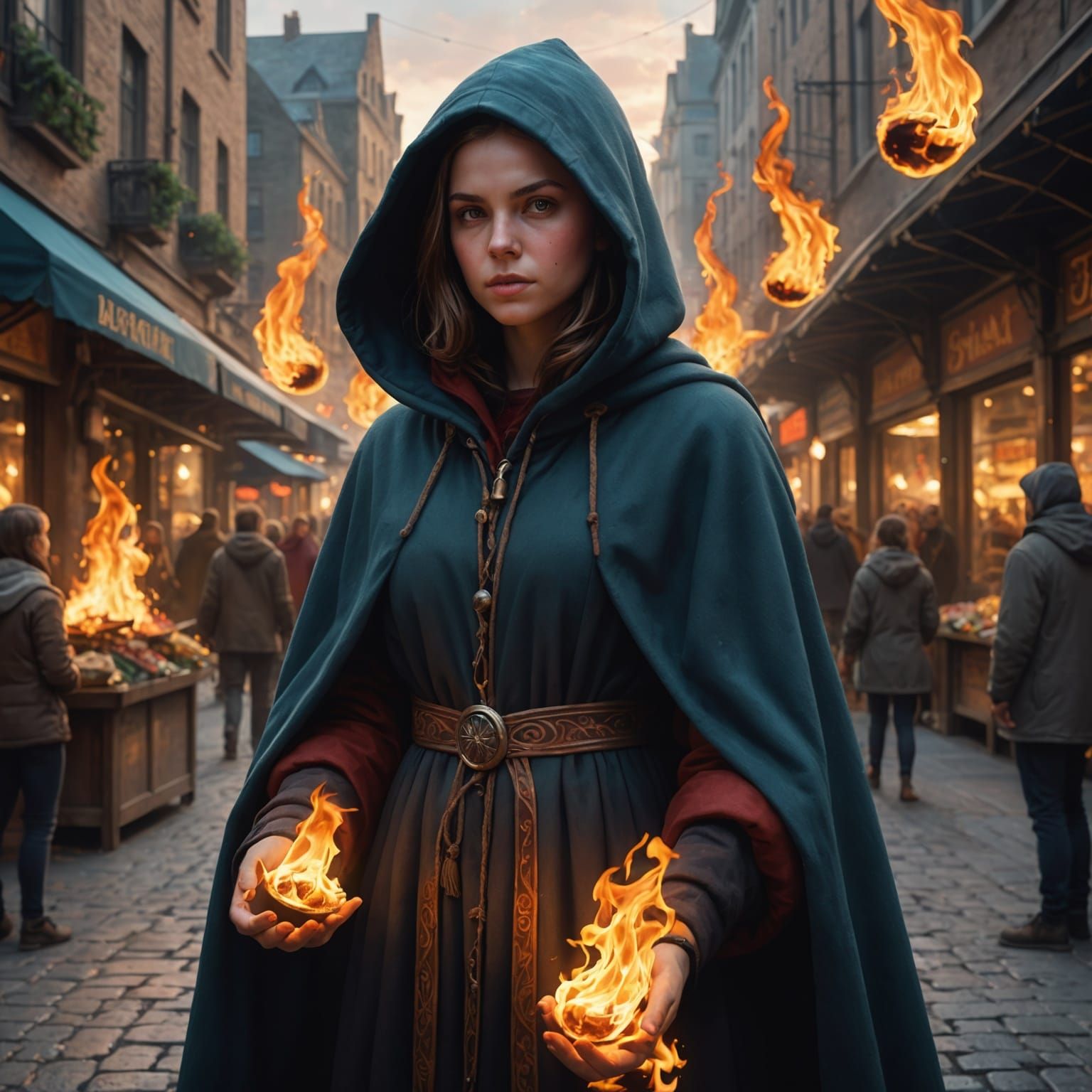 Fantasy Marketplace Scene with Fire Juggler