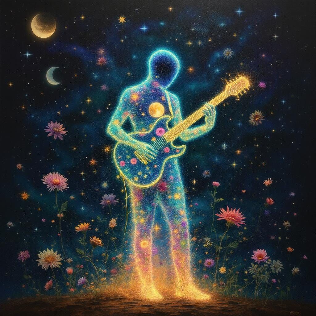 Cosmic Guitarist Playing Starry Night Music