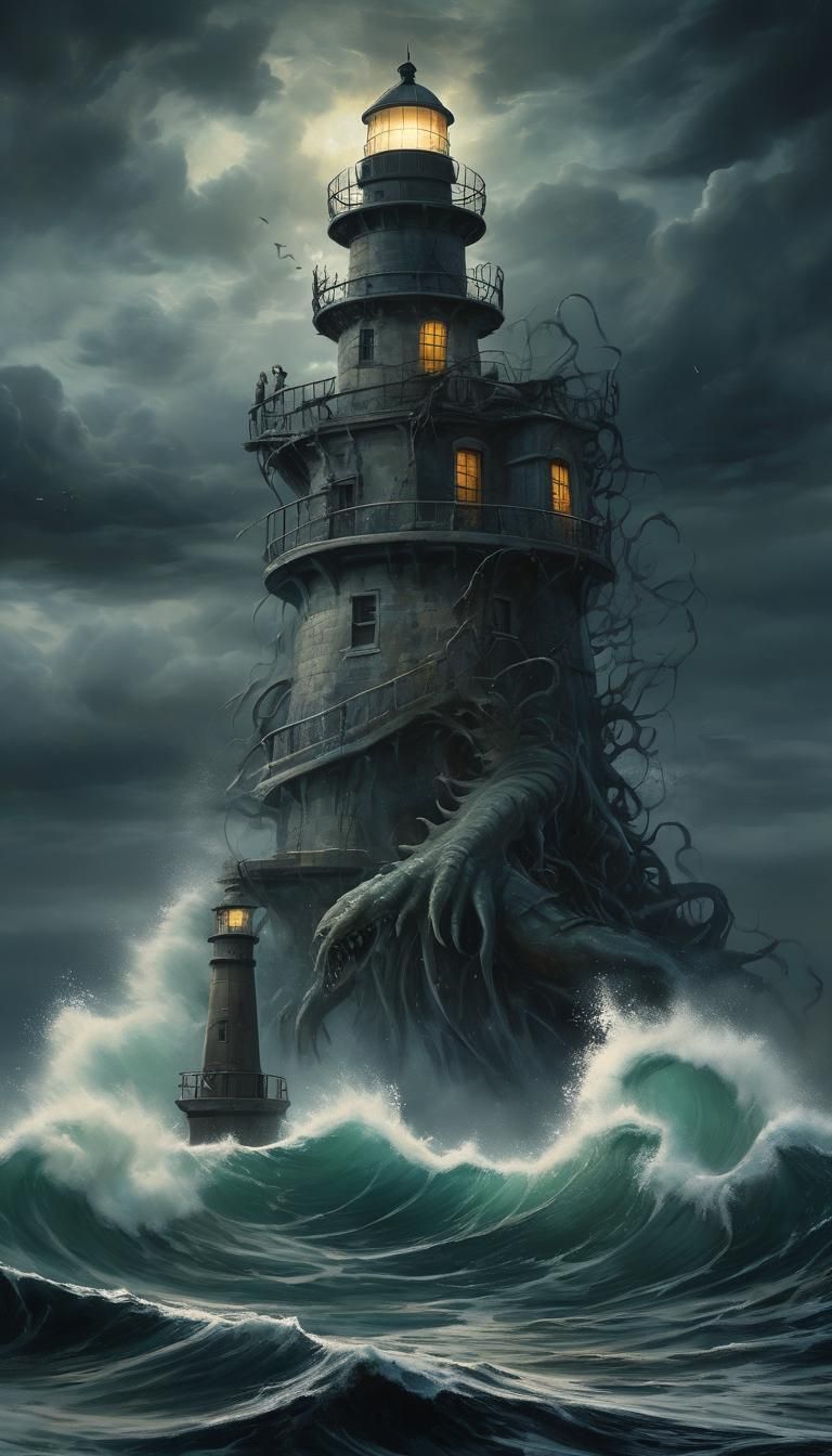 Dystopian Lighthouse Encircled by a Majestic, Gargantuan Sea...