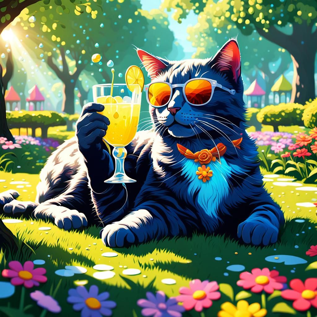 Cat with Sunglasses Enjoys Lemonade: Fantasy Art