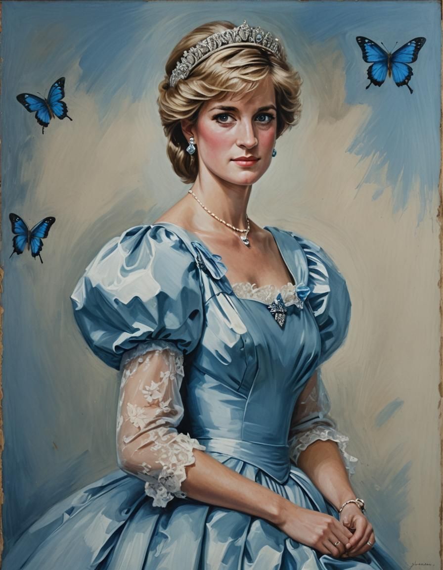 Lady Diana Portrait with Blue Butterfly in Oil