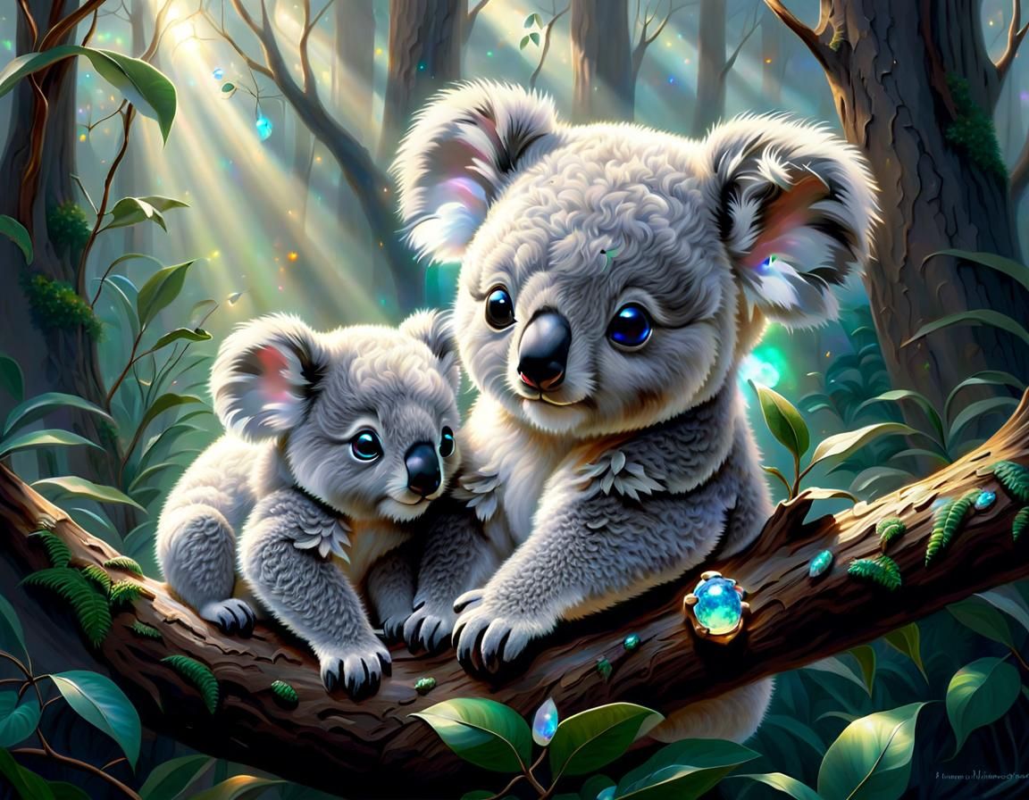 Baby Koala with Opal Gemstone, Kinkade Style