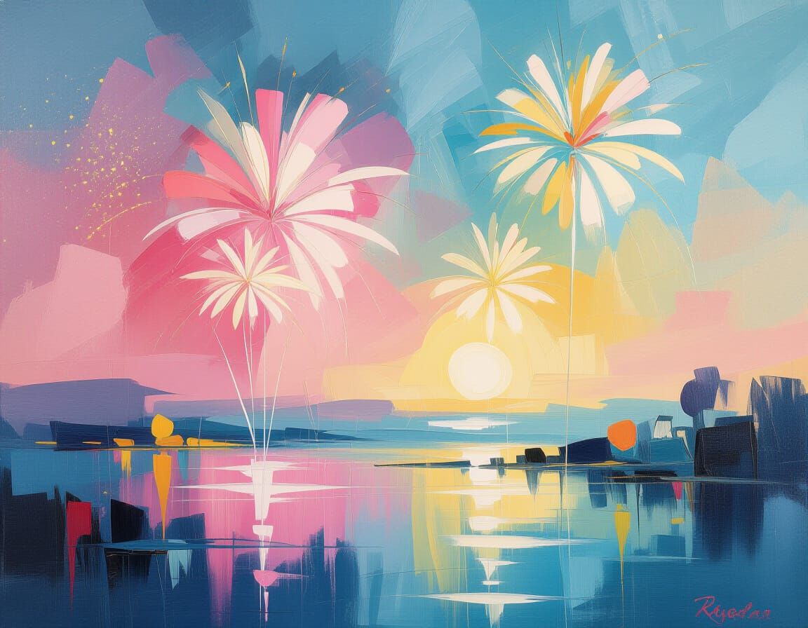 Fireworks in Impressionistic Style with Gold Accents