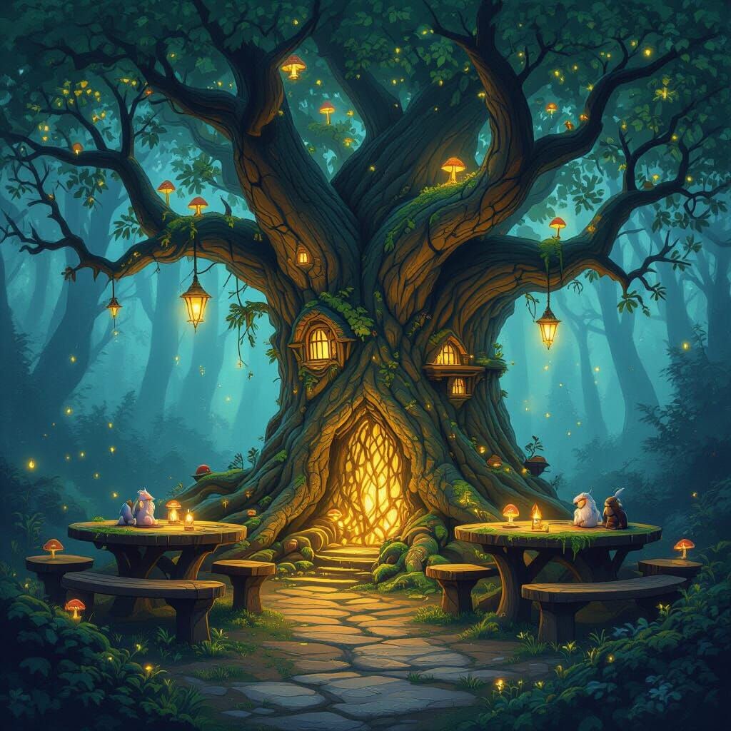 Whimsical Forest Tavern in Ancient Tree, Fantasy Illustratio...