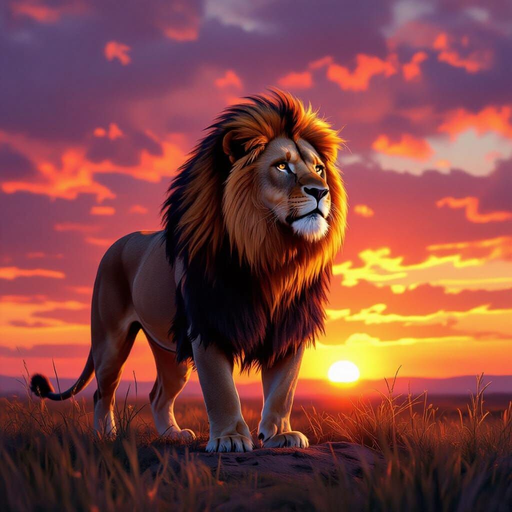 Majestic Lion at Vibrant Sunset in Digital Matte Painting St...