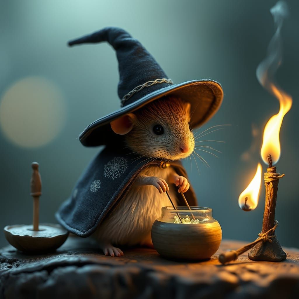 Whimsical Mouse Witch in Walnut Shell Laboratory