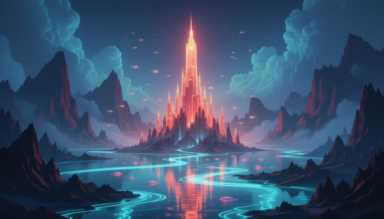 Radiant Coral Spire Above Neon Fractal Pools