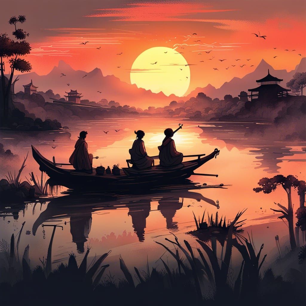 Serene Asian Peasant Life at Sunset