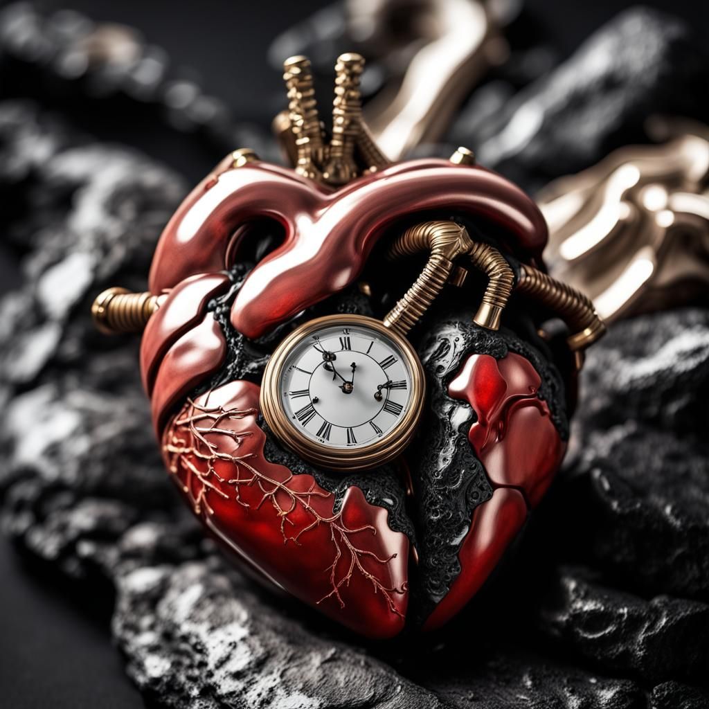 Anatomical Heart with Clock on Volcanic Stone