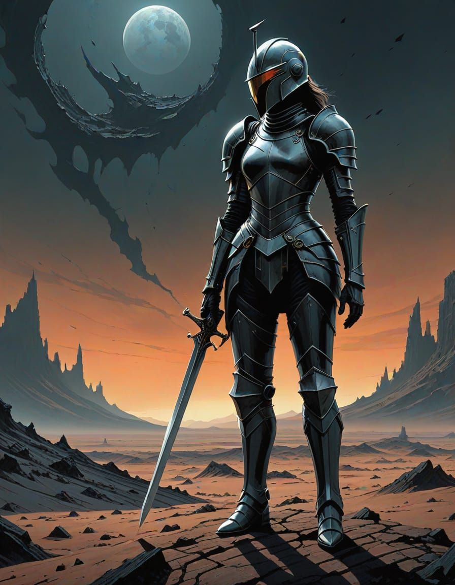Obsidian Knight on Alien Planet in Dark Fantasy Style