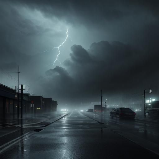Dramatic City Rainstorm with Lightning Flashes