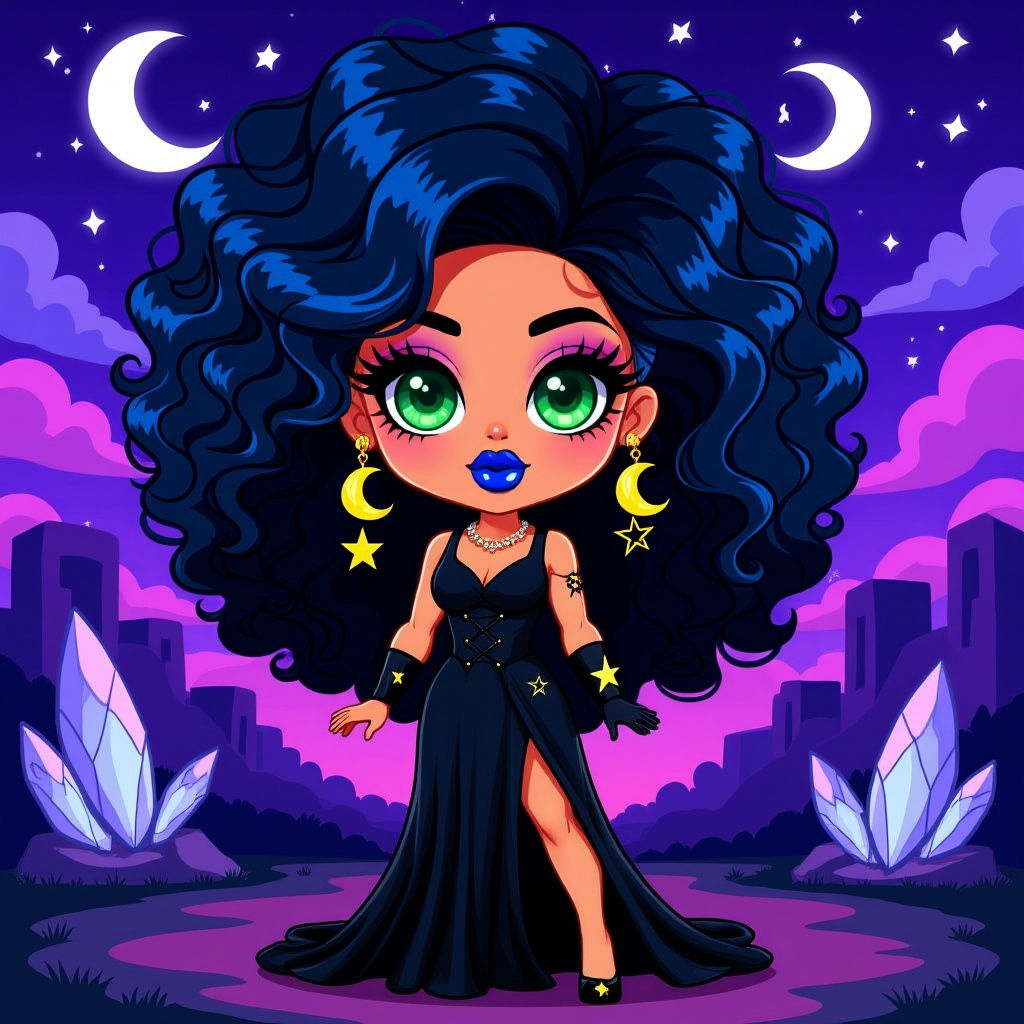 Chibi Fashion Doll with Voluminous Afro in Retro 8-Bit Style
