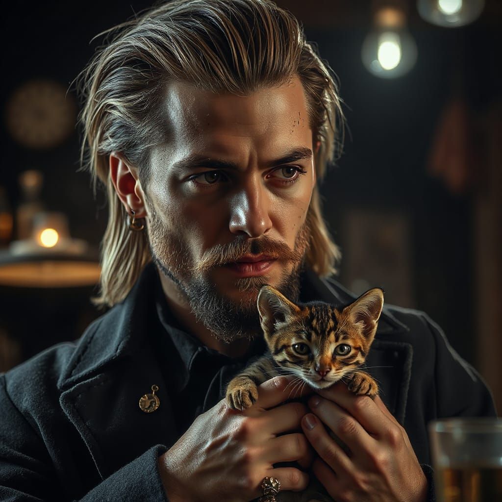 Grunge Guy Cradles Kitten in Dramatic Cafe Portrait