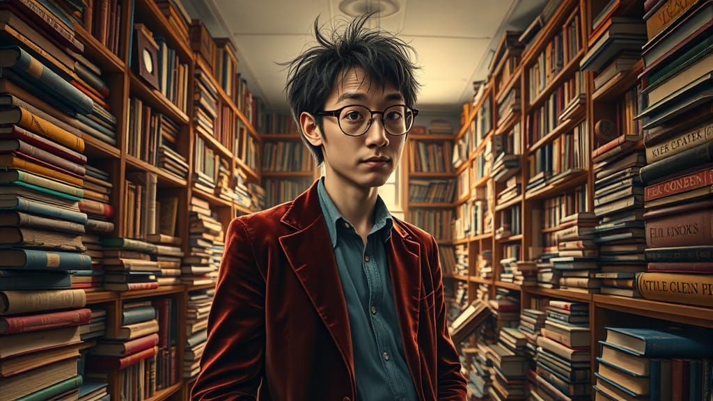A Scholar Lost in Thought Amidst a Towering Bookshelf