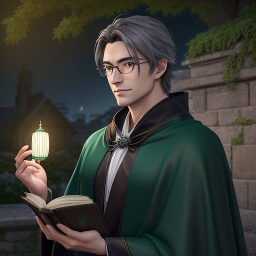 Anime-Style Portrait of a Refined Young Man in a Moonlit Cas...