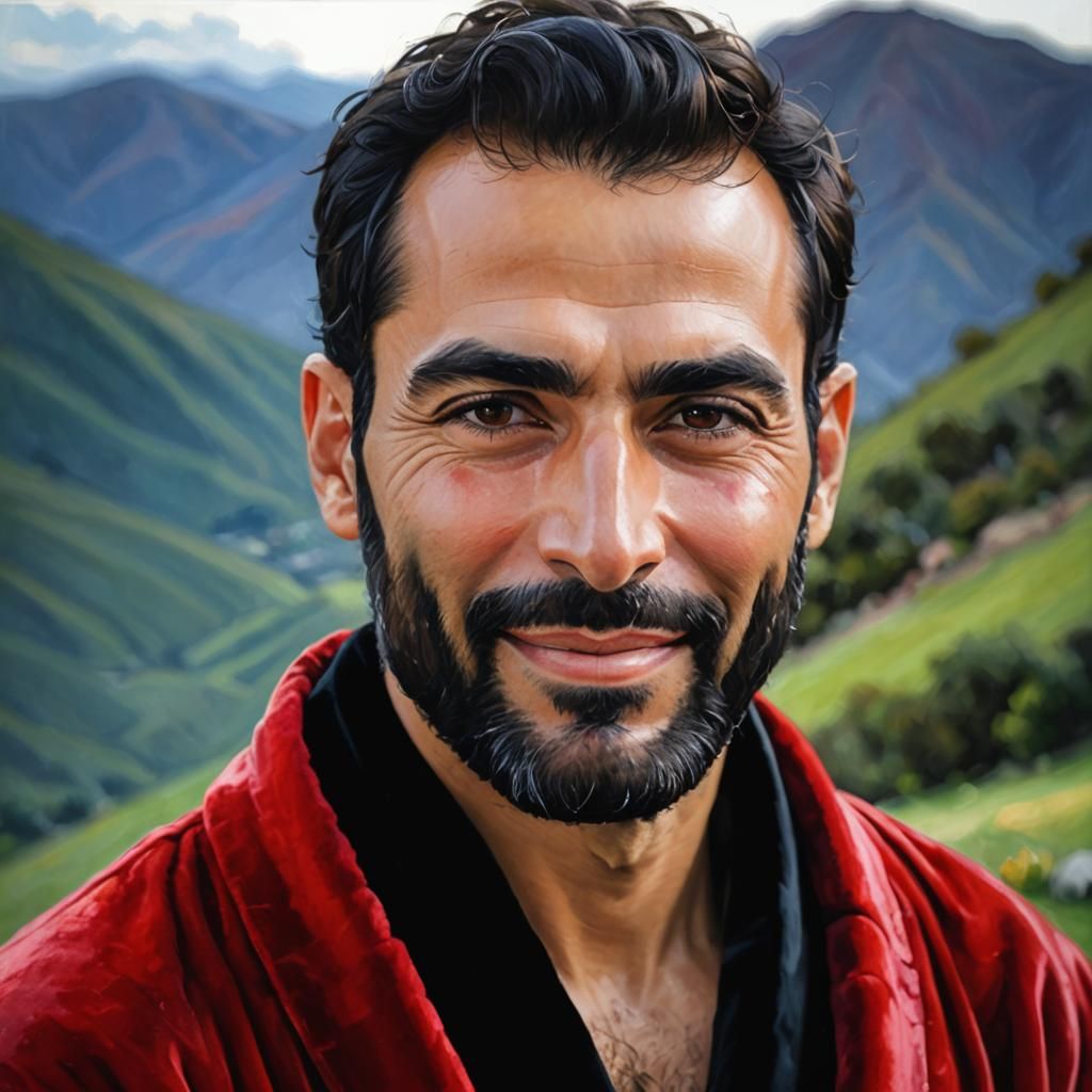 Man in Red Velvet Bathrobe, Impasto Oil Painting