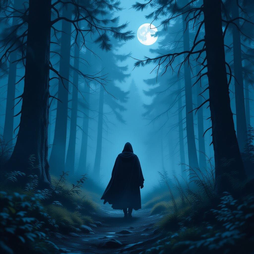 Misty Moonlit Forest Wanderer in Ethereal Style