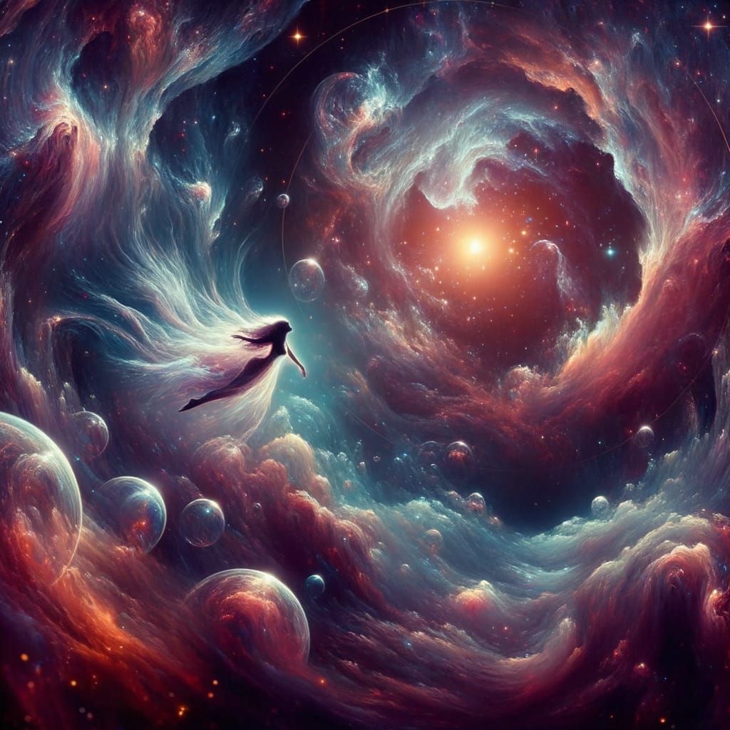 Galactic Woman Embraces Infinity in Space