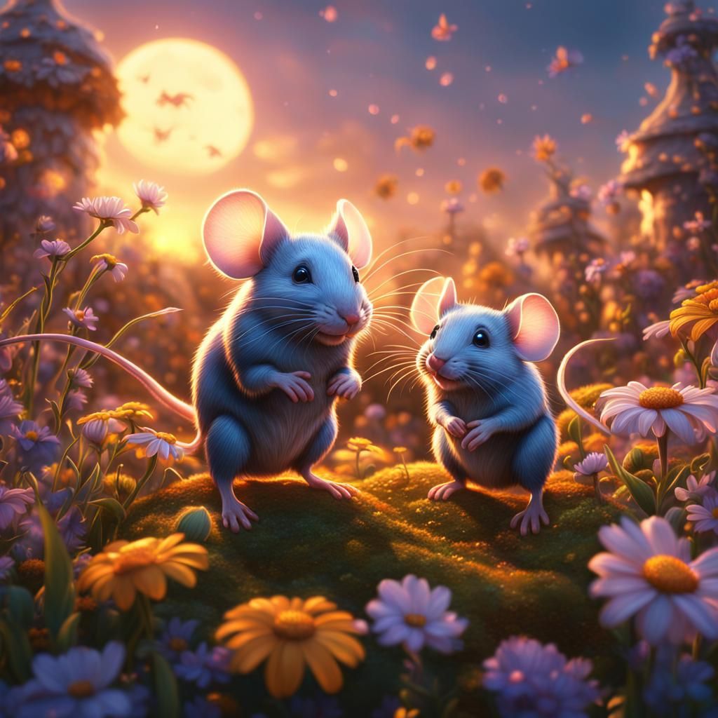 Mice in Flowers at Sunset: Detailed Matte Painting