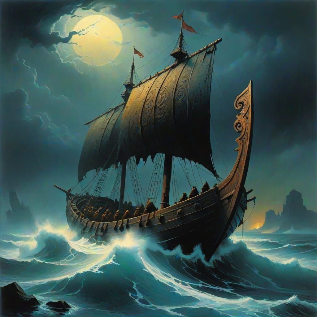 Viking Warriors Stand Resolute on Stormy Ocean in Leather Ar...