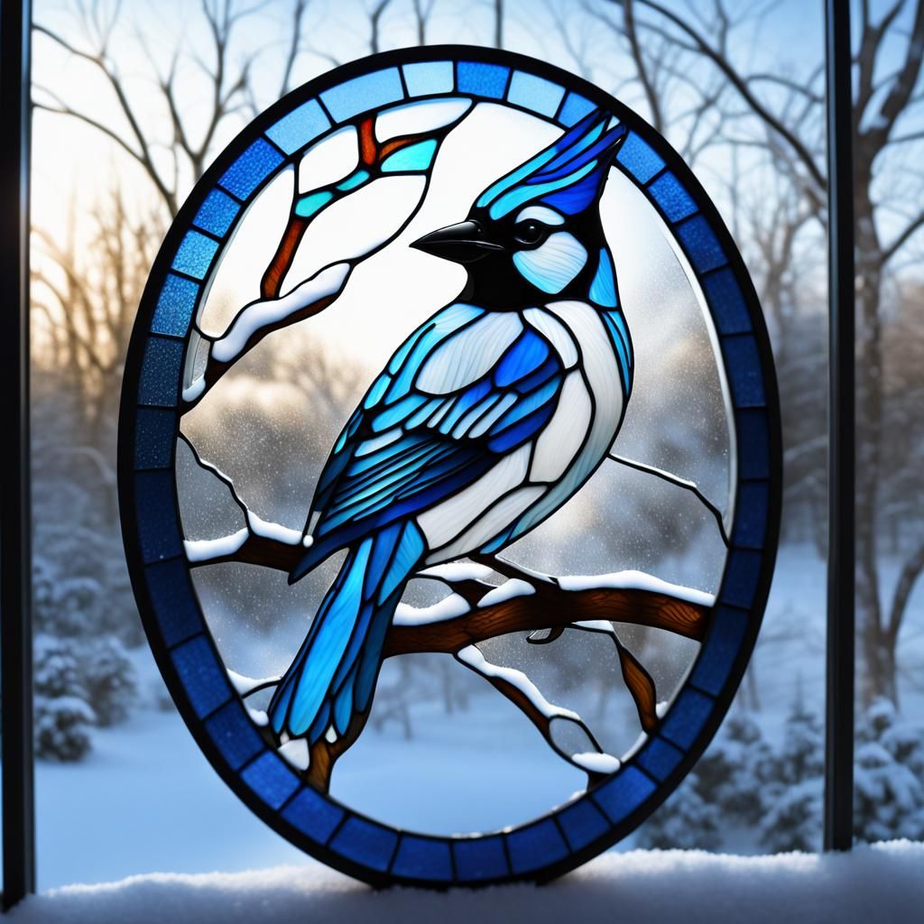 Stained Glass Blue Jay in Glass Winter