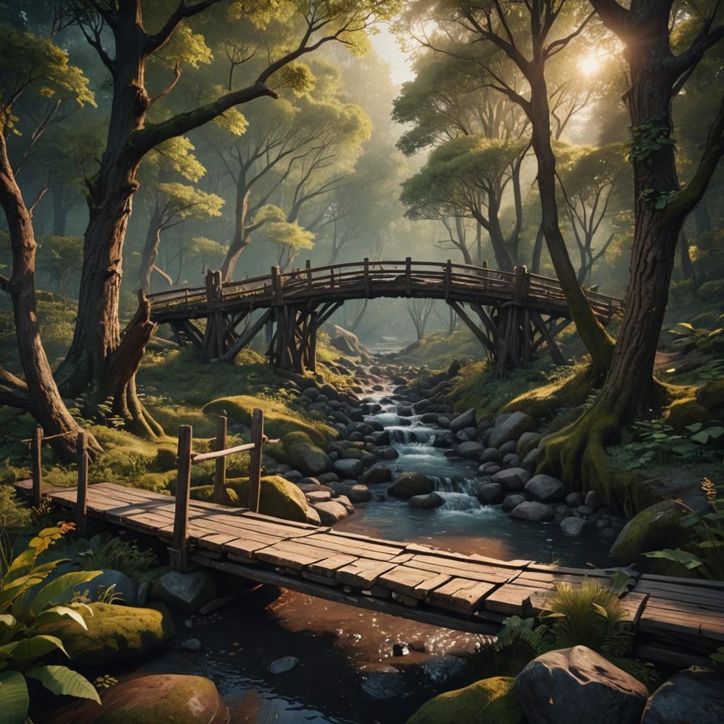 Old Wooden Bridge at Sundown: Fantasy Concept Art