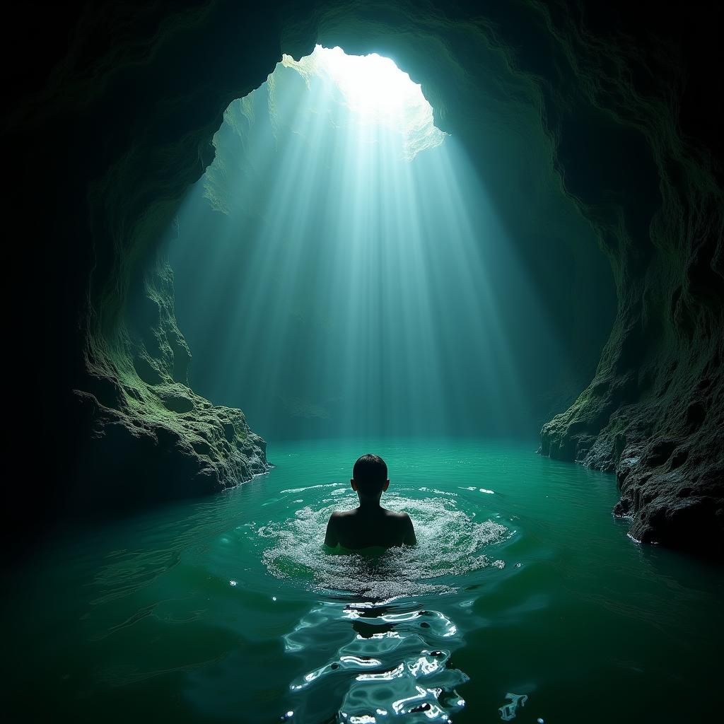 Surreal Cave Swim: A High-Detail Photograph