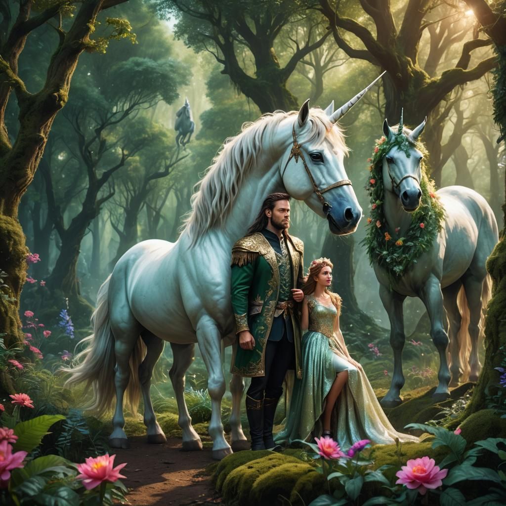 Unicorn, Lady, and Man in Mystical Forest