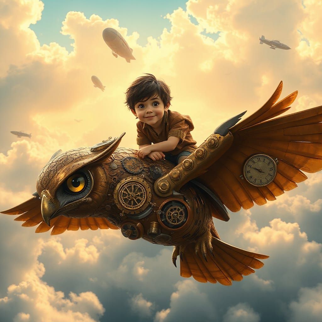 Boy on Steampunk Owl Soaring Through Clockwork Sky
