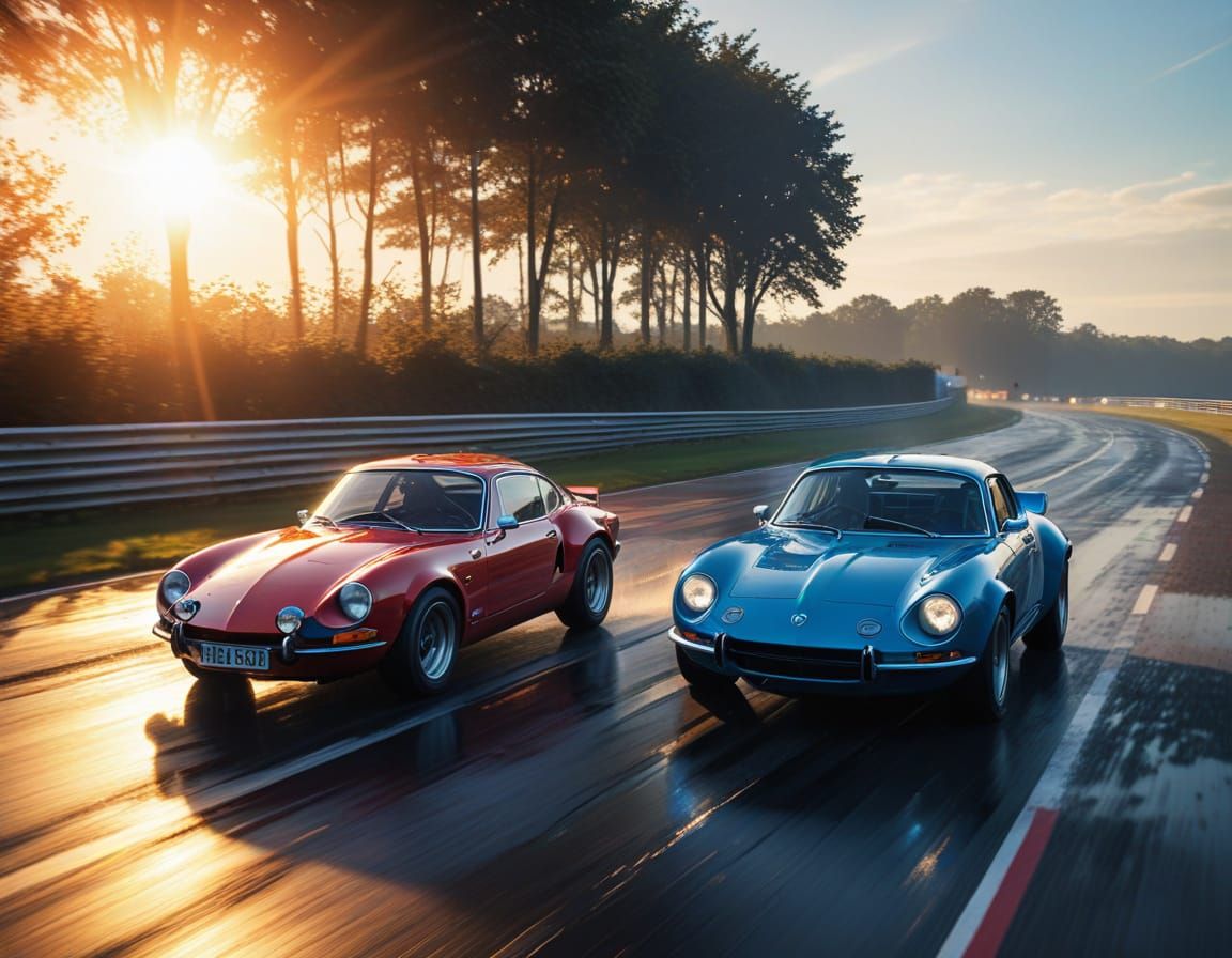 Two Alpine A110s Race at Le Mans in Comic Book Style