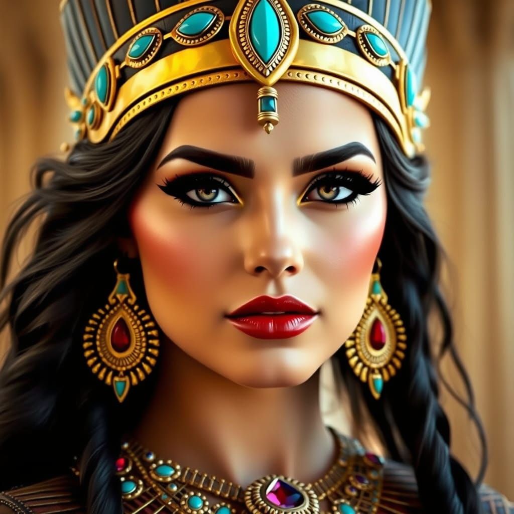 Ancient Egyptian Queen Portrait in Gold and Jewel Tones