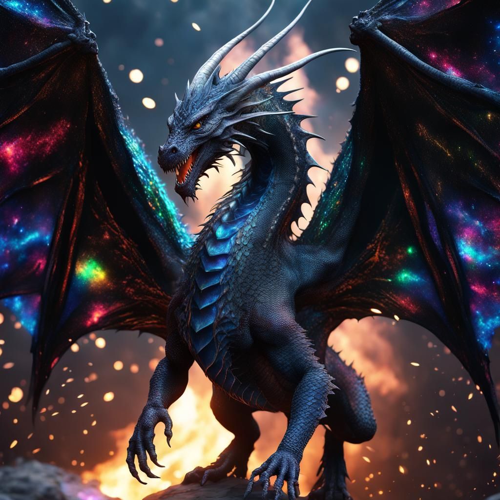 Detailed Dragon with Iridescent Stars, Hyper-Realistic Art