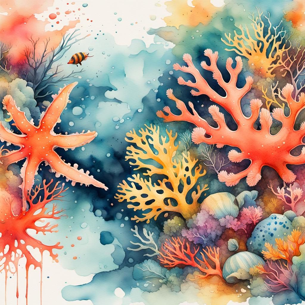 Vibrant Coral Reef in Watercolor Splatter Style