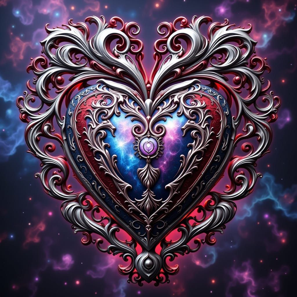 Steampunk Surrealist Fractal Heart in Chrome