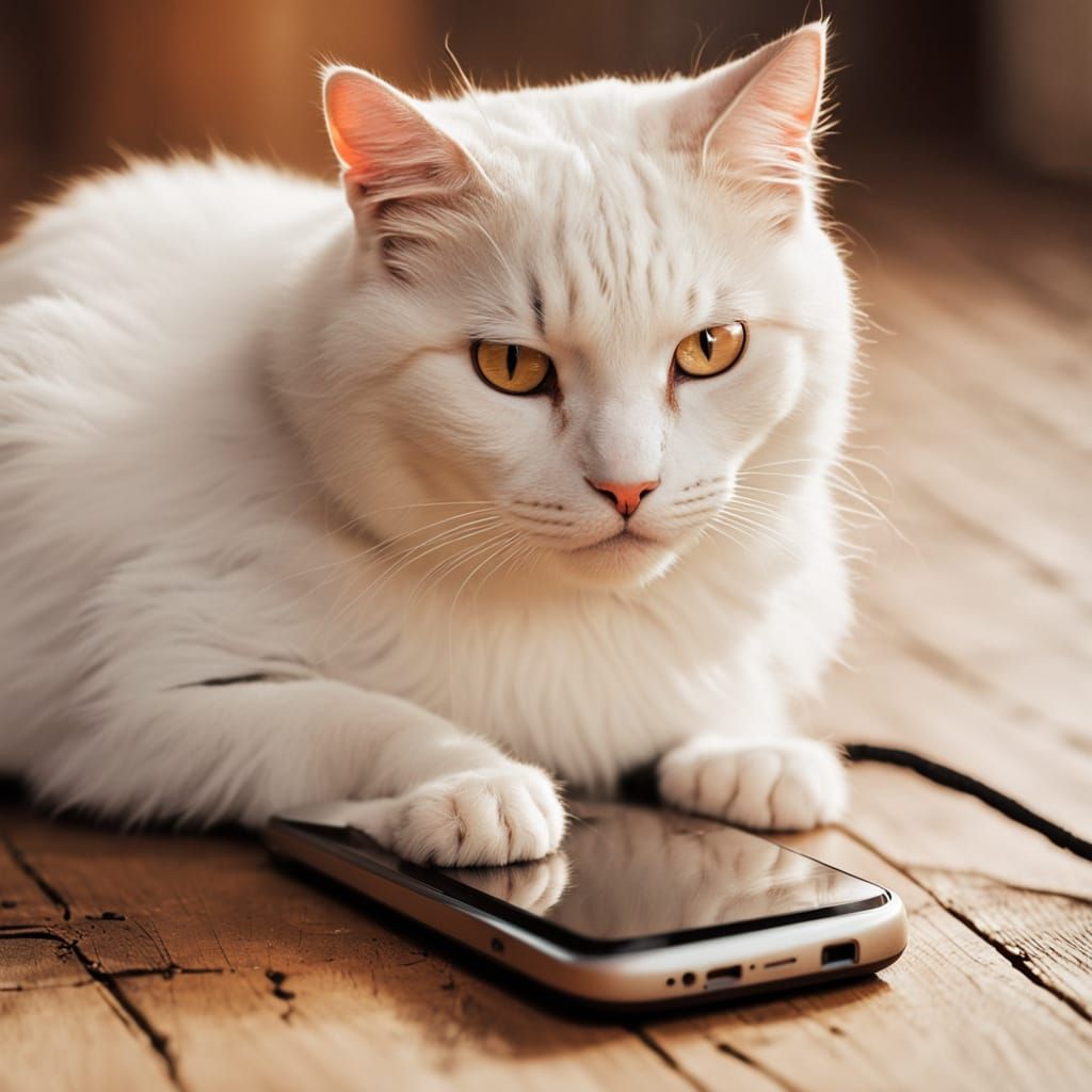 Cozy Cat Confronts Cracked Phone in Warm Film Grain Portrait