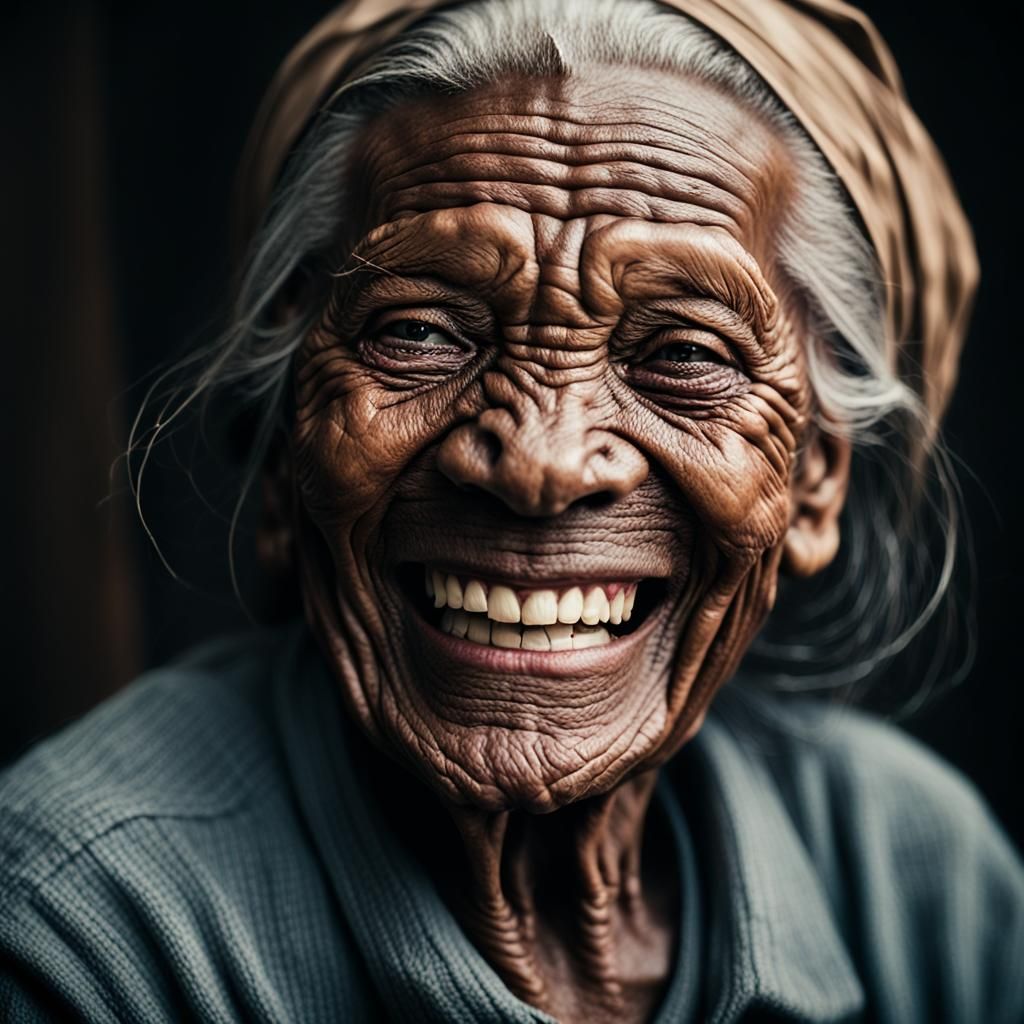 Warm Portrait of Smiling Old Woman in Cinematic Style