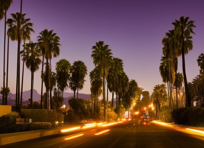 Night Streetscape of Hollywood Hills in Los Angeles