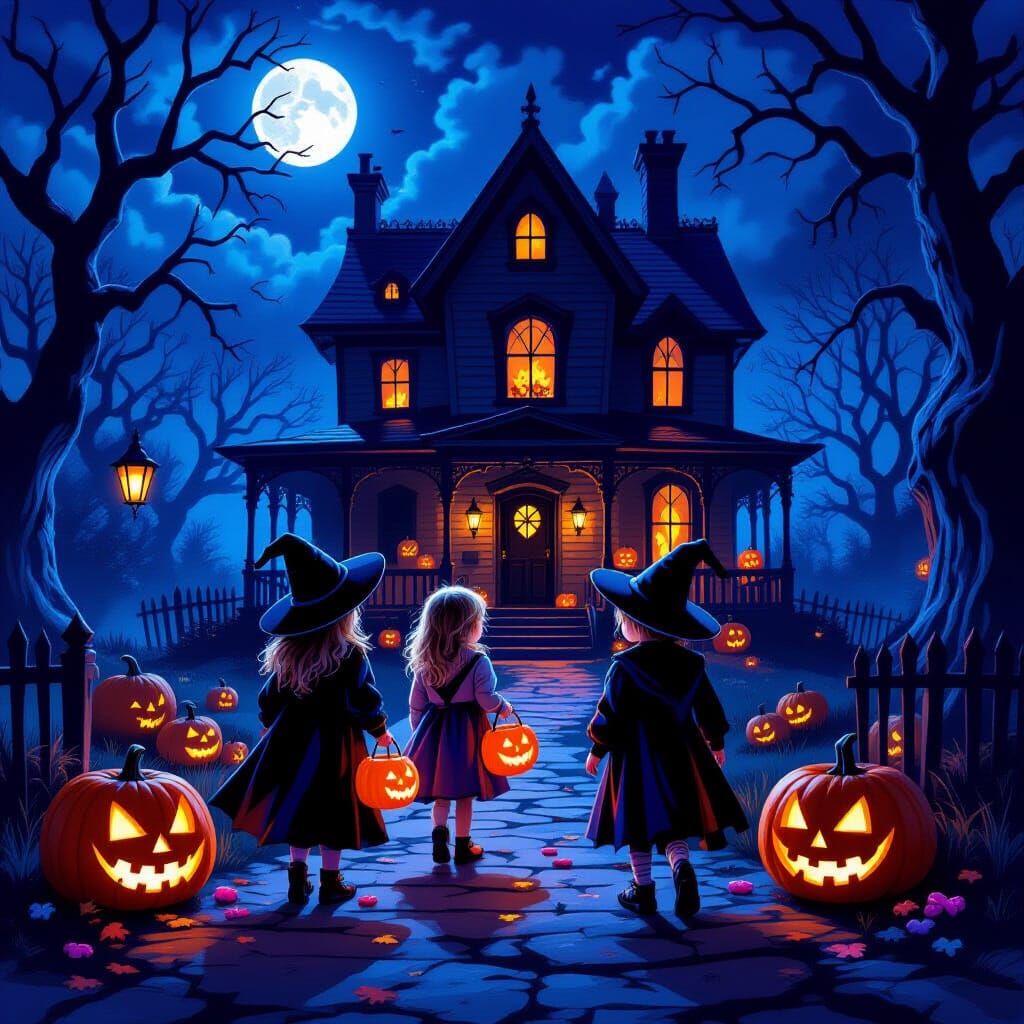 Spooky Halloween Night with Haunted Houses and Eerie Costume...
