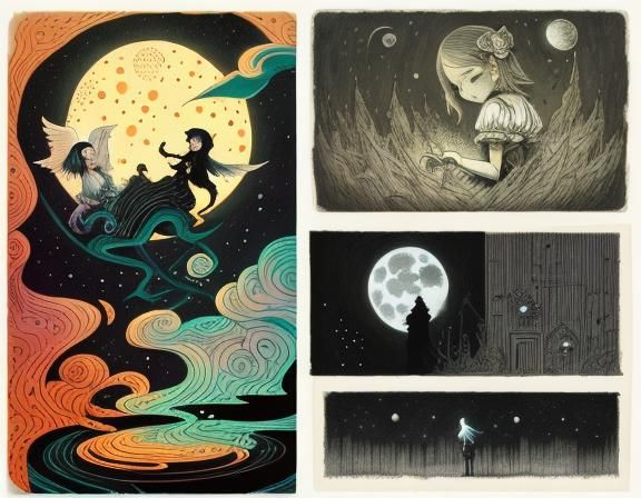 Angels View Crumbling World: Dark Pen Line Art